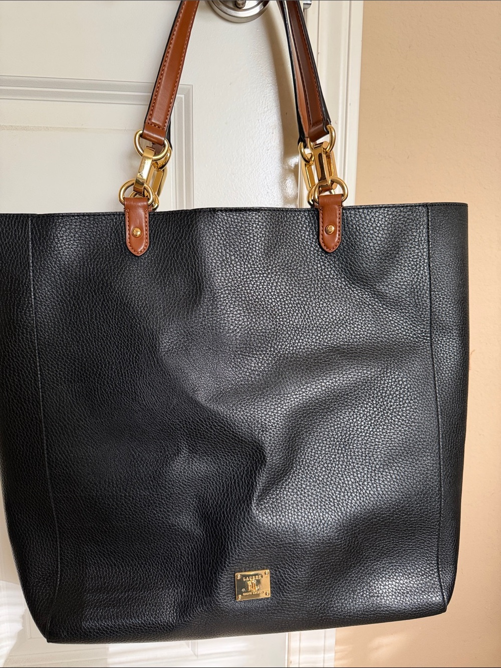 Lauren Ralph Lauren Black Leather Tote with Brown Straps